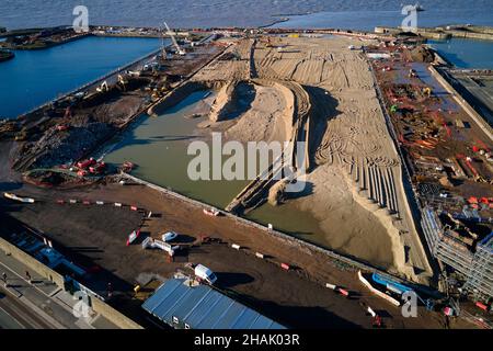 Liverpool, Merseyside, Royaume-Uni - décembre 02 2021.Vue aérienne générale du quai de Bramley-Moore lors de la construction d'un nouveau stade de football pour Everton foot Banque D'Images