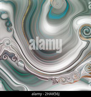 Arrière-plan en marbre d'agate abstrait.Effet de marbrures turquoise, veine dorée.Design fluide et ondulé dans des tons pastel gris vert turquoise, courbes dorées.Design élégant et élégant.Illustration Banque D'Images
