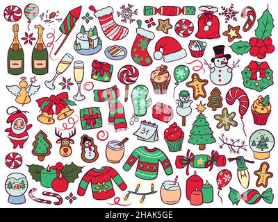 Collection d'objets et d'éléments liés aux fêtes de Noël et de nouvel an dessinées à la main. Illustration de Vecteur