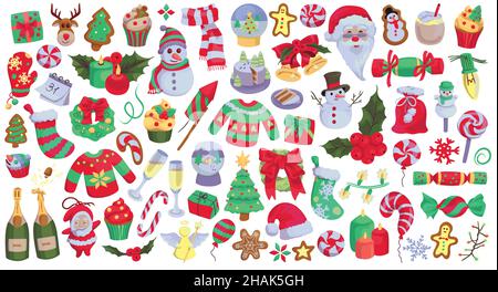 Collection d'objets et d'éléments liés aux fêtes de Noël et de nouvel an dessinées à la main. Illustration de Vecteur