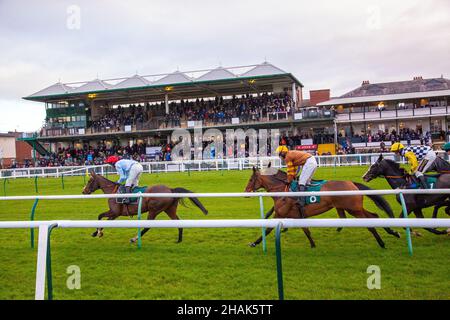 Course de chevaux de chasse nationale à Warwick racecourse England UK avec action devant le stand principal lors de la réunion de décembre Banque D'Images