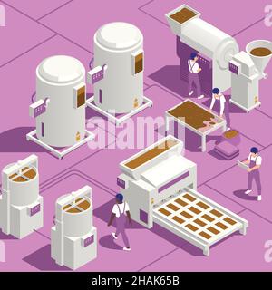Usine de fabrication de chocolat production de grains torréfaction meulage tamisage barres de fusion machines de formage diagramme isométrique fond diagramme vectoriel illustr Illustration de Vecteur