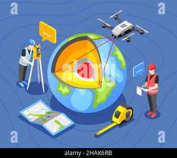 Arrière-plan isométrique géodésique avec vue en profil du globe terrestre avec bande de mesure de carte et illustration vectorielle des caractères de travail Illustration de Vecteur