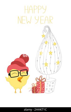 Bonne Année.Carte de vœux pour l'enfant.Illustration vectorielle d'un joli poulet dans un chapeau, un arbre de Noël et des boîtes-cadeaux Illustration de Vecteur