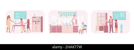 Ensemble de trois compositions scolaires avec vues de la salle de classe avec des enseignants et des pièces d'équipement de laboratoire illustration vectorielle Illustration de Vecteur