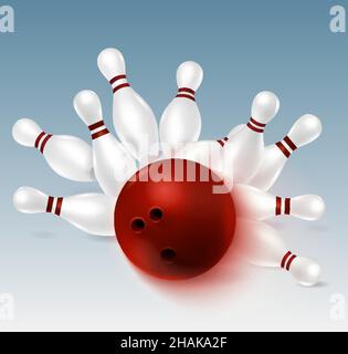 Composition réaliste de bowling avec images de frappe de balle et de chutes de pins avec ombres sur fond blanc illustration vectorielle Illustration de Vecteur