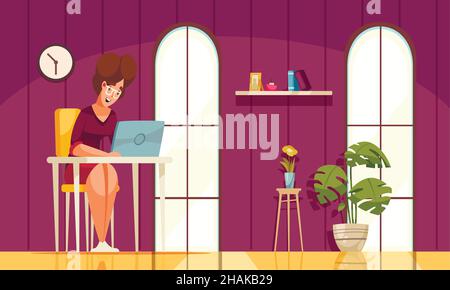 Arrière-plan plat quotidien avec personnage féminin heureux travaillant à distance à la maison dessin animé illustration vectorielle Illustration de Vecteur