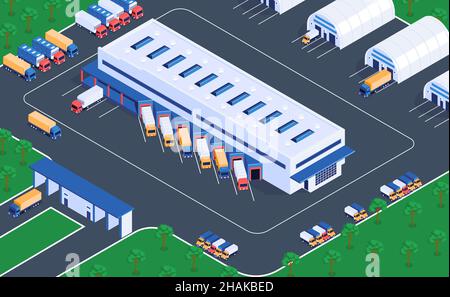 Installations de stockage d'entrepôt de service logistique vue isométrique du centre de distribution chargement terminal déchargement camions de fret illustration vectorielle Illustration de Vecteur