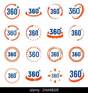 Icônes de rotation de 360 degrés, 3D perspectives de panorama de caméra virtuelle.flèches vectorielles de 360 degrés dans le cercle pour la rotation de l'angle de vue ou la vue panoramique complète Illustration de Vecteur