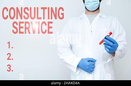 Affiche affichant le service de conseil.Approche commerciale experts qui offrent des connaissances à un tiers pour un chimiste payant présentant un échantillon de sang Banque D'Images