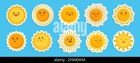 Ensemble de personnages de dessin animé autocollant d'émotion du soleil.Collection visages été mignonne soleil jaune.Solaire drôle puildish ensoleillé.Soleil souriant brillent avec des rayons de soleil.Illustration à vecteur clipart isolée sur fond blanc Illustration de Vecteur