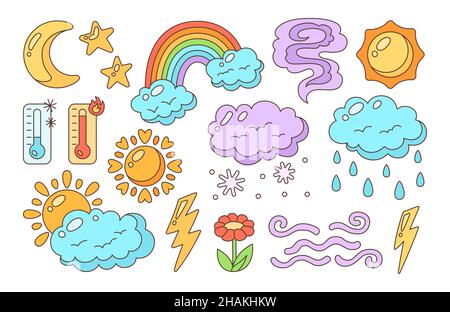 Ensemble de jeu de caniche.Signe graphique graphique météorologique climatique tracé à la main linéaire.Soleil et nuages, pluie ou neige, foudre, lune et étoile, thermomètre de ligne.Collection amusante de météo pour la nature enfantine Illustration de Vecteur