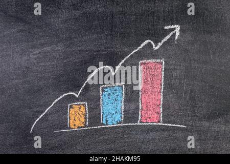 Développement, barres de croissance graphique.Informations dessinées sur un tableau noir. Banque D'Images