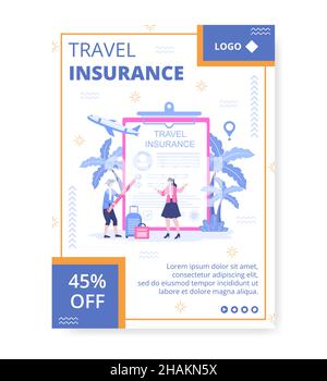 Modèle de poste d'assurance voyage conception plate Illustration modifiable de fond carré adapté aux médias sociaux, cartes de vœux et publicités Internet sur le Web Illustration de Vecteur