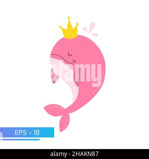 Une sorte de baleine rose dans des couleurs roses délicates, éclabousse l'eau de lui-même et couronne dorée sur la tête.Fier et doux.Illustration vectorielle. Illustration de Vecteur