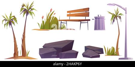 Set parc de la ville éléments palmiers, fleurs, lampe de rue et banc en bois avec pierres, herbe verte et bac à litière.Éléments isolés pour la décoration extérieure, le design de l'aménagement paysager, l'illustration vectorielle de dessin animé Illustration de Vecteur