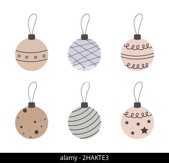 Boules de Noël isolées sur blanc.Ensemble de décoration de sapin de noël.Élément de fête scandinave dessiné à la main.Décoration chaleureuse.Vecteur Illustration de Vecteur