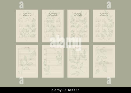 calendrier 2022 2023 2024 2025 et collection de planificateurs avec des feuilles et des branches dessinées à la main, modèle d'organiseur de planificateur en vert naturel de style écologique. Illustration de Vecteur
