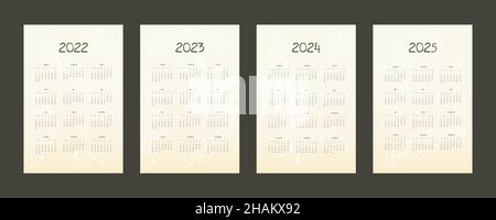 modèle vertical de calendrier 2022 2023 2024 2025 de style mignon et simple avec effets texturés.La semaine commence le dimanche. Illustration de Vecteur