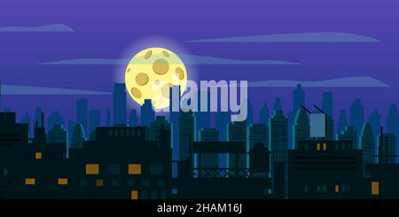 Ville nuit illustration, toits, silhouette.Paysage urbain panorama moderne, paysage urbain avec des scyscrapers du centre-ville, des bâtiments, des fenêtres.Dessin animé vectoriel Illustration de Vecteur