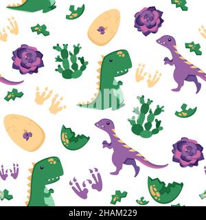 Motif sans couture de t-rex et de lézard avec cactus et empreinte pour décorer la pépinière, les bannières ou le textile.Style plat, isolé sur un blanc.V Illustration de Vecteur