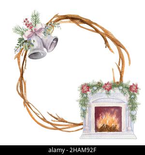 Couronne d'hiver en bois avec foyer de Noël, bougies et décoration d'hiver.Illustration aquarelle Banque D'Images