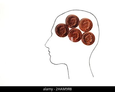 Silhouette de tête avec une pièce de clôture au lieu du cerveau isolé sur fond blanc Banque D'Images