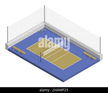 terrain de volley-ball isométrique avec filet, parquet et lignes de marquage.Terrain de volley-ball vue sur le dessus.Terrain de sport pour les loisirs actifs.Réaliste Illustration de Vecteur