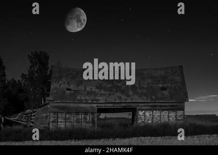 AIRDRIE, CANADA - 17 novembre 2021 : photo en niveaux de gris d'une belle lune au-dessus d'une cabine en bois à Airdrie, Canada Banque D'Images