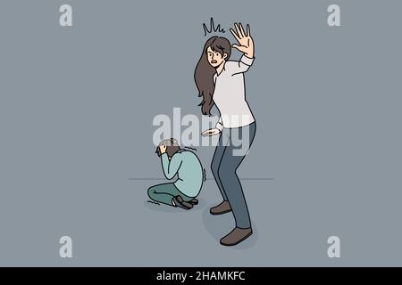 Abus à domicile et harcèlement.Femme terrifiée peur stressée mère debout et de demander arrêter la violence avec assis et couvrant oreilles enfant sur l'illustration vecteur de plancher Illustration de Vecteur