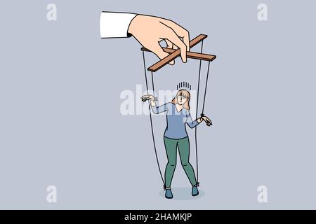 Manipulation et influence jouant concept.Mains humaines golding jeune femme comme marionnette faisant son rôle de jeu avec des cordes illustration vectorielle Illustration de Vecteur