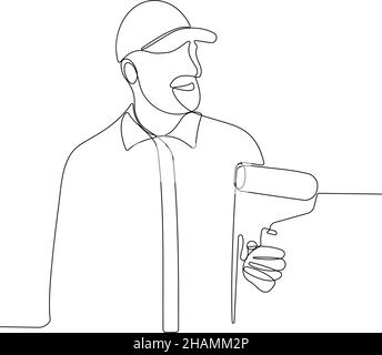 Peintre homme tenant un rouleau de peinture Illustration de Vecteur