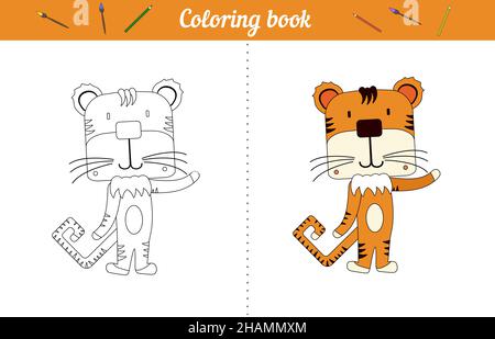 Le petit tigre agite sa patte. Livre de coloriage pour enfants avec exemple de couleur. Loisirs éducatifs. Illustration vectorielle tigre animal pour la coloration. Illustration de Vecteur