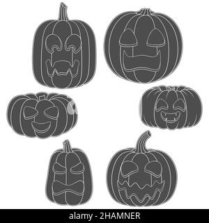 Ensemble de citrouilles noires et blanches avec visages sculptés pour Halloween.Objets vectoriels isolés sur fond blanc. Illustration de Vecteur