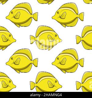 Motif sans couture avec poisson à zébrasoma jaune.Fond vectoriel avec poissons tropicaux sur fond blanc. Illustration de Vecteur