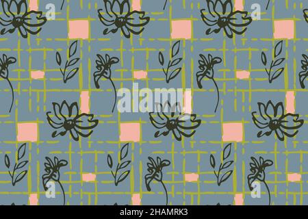 Motif fleuri sans coutures avec trait d'encre.Grille géométrique, contour des fleurs de Marguerite dessiné à la main, feuille.Style moderne abstrait.Gris bleu facile à modifier Illustration de Vecteur