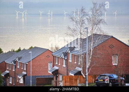 Gwynt y Môr (parc éolien) de 576 mégawatts (MW) situé au large des côtes du pays de Galles, est le cinquième parc éolien offshore en exploitation Banque D'Images