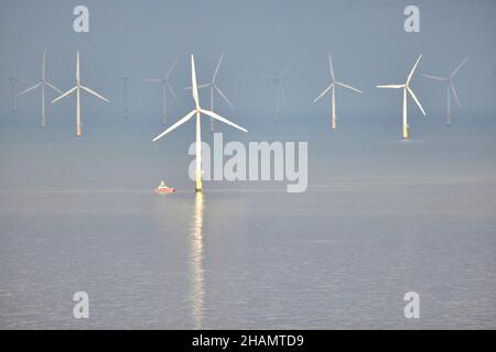 Gwynt y Môr (parc éolien) de 576 mégawatts (MW) situé au large des côtes du pays de Galles, est le cinquième parc éolien offshore en exploitation Banque D'Images