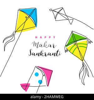 Bannière vectorielle Makar Sankranti, affiche.Kite un arrière-plan de dessin d'art au trait.Linéarte continue avec le texte Happy Makar Sankranti Illustration de Vecteur