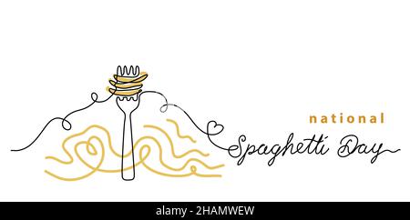 National Spaghetti Day vector une ligne art dessin arrière-plan, bannière, affiche.Fourchette avec pâtes, nouilles, macaroni.Illustration simple Illustration de Vecteur