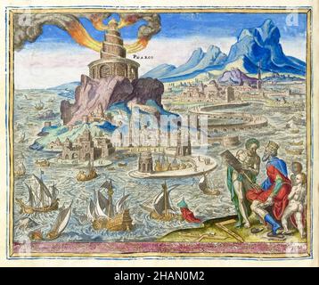 Phare d'Alexandrie (Pharos d'Alexandrie), gravure de Philips Galle d'après Maarten van Heemskerck, 1572 Banque D'Images