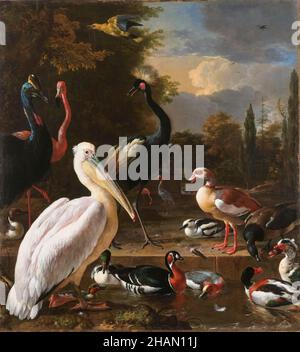 Un pélican et d'autres oiseaux près d'une piscine connue sous le nom de «la plume flottante», peinture de Melchior d'Hondecoeter, vers 1680 Banque D'Images