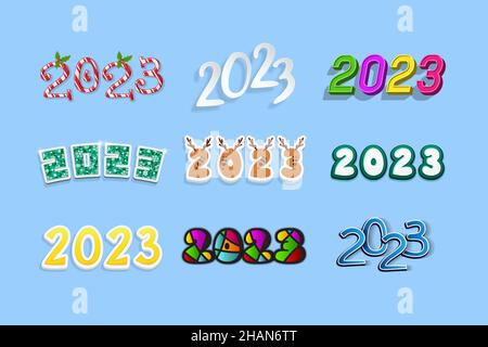 Calendrier date 2023 nombre modèle de conception ensemble multicolore sur fond bleu. Illustration de Vecteur