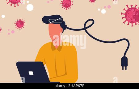 Travail à domicile professionnel professionnel burnout.Le stress de quarantaine du virus Corona a épuisé les troubles sociaux.Maux de tête pour les gens d'emploi en ligne.Illustration vectorielle fre Illustration de Vecteur