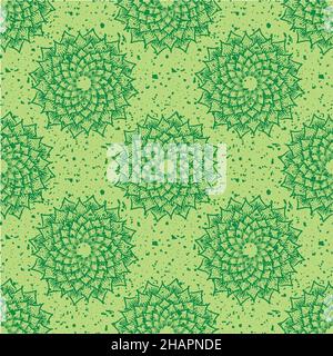 Mandala motif floral vectoriel fond sans couture.Délicate fleurs dessinées toile de fond géométrique, vert avec texture en terrazzo mouchetée.Ressemblait au crochet Illustration de Vecteur