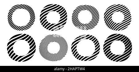 Ensemble de huit cercles rayés, beignets, isolés sur fond blanc.Formes géométriques simples.Éléments géométriques de conception à plat vectoriels. Illustration de Vecteur