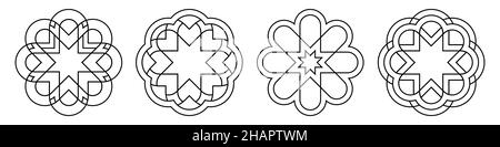 Ensemble de décorations circulaires.Contours symétriques arrondis motifs isolés sur fond blanc.Éléments décoratifs vintage.Fleurs stylisées, signes. Illustration de Vecteur