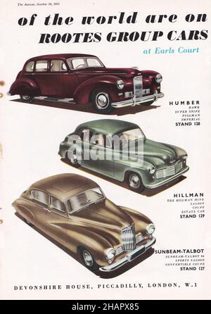 Publicité vintage dans l'Autocar, octobre 1951 Motorshow Earls court - Rootes Group Cars. Banque D'Images