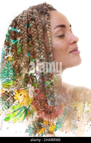 Peinture.Portrait d'une femme combiné à une peinture aquarelle colorée de fleurs. Banque D'Images