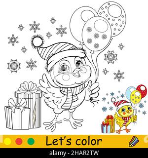 Poulet mignon avec des ballons et des cadeaux.Personnage de poulet de dessin animé.Illustration vectorielle isolée.Livre de coloriage avec exemple de couleur.Pour carte, poster Illustration de Vecteur